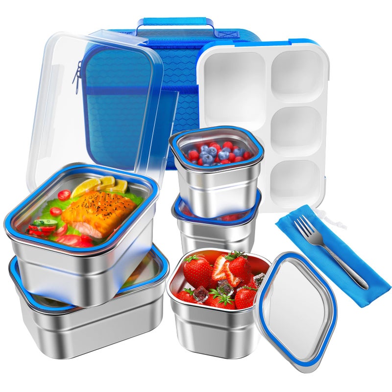 DaCool Lunch Box Stainless Steel Bento for Kids Adults Leakproof BPA-Free with Lunch Bag Metal Lunch Containers Tray 5-Compartment with Fork for Boy Food Snack Containers for School Outdoors Navy-Blue - Image 1